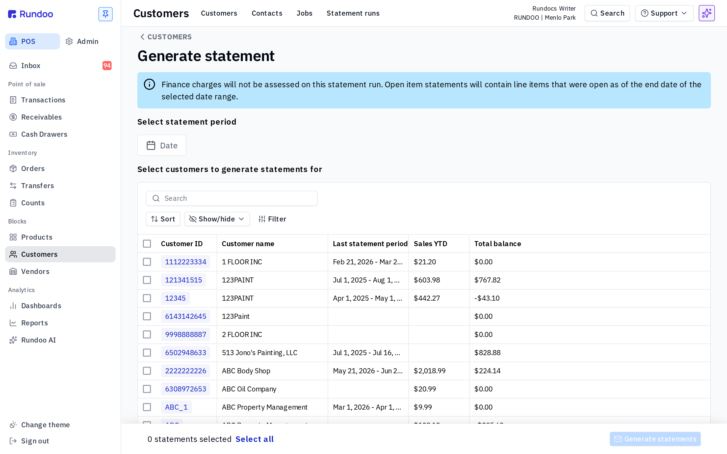 The Generate statement page, with an info banner about finance charges, the Select statement period date picker, and the customer table below with a search box and Select all option
