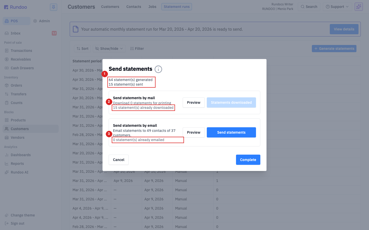 The Send statements window with two delivery tracks, Send statements by mail and Send statements by email, each with a Preview button, plus Cancel and Complete buttons
