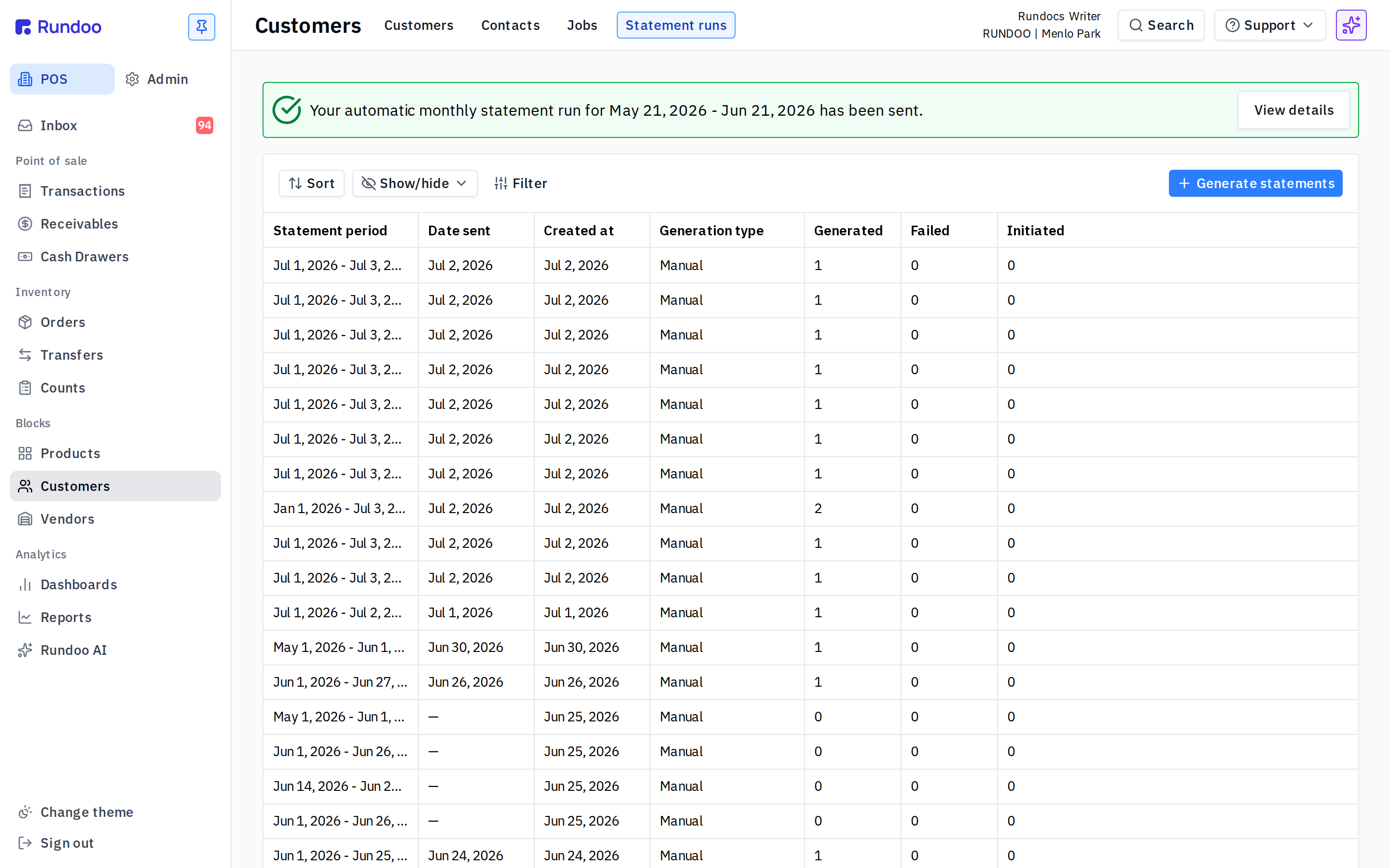 The Statement runs tab in Rundoo POS, showing past runs with columns for statement period, date sent, created at, and generation type, plus the Generate statements button at the top-right