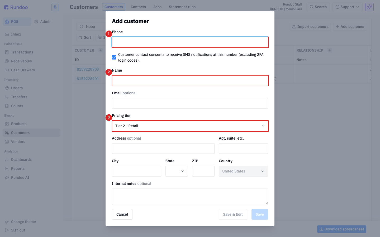 The Add customer form in Rundoo, with Phone, Name, and Pricing tier marked; Pricing tier defaults to Tier 2 - Retail