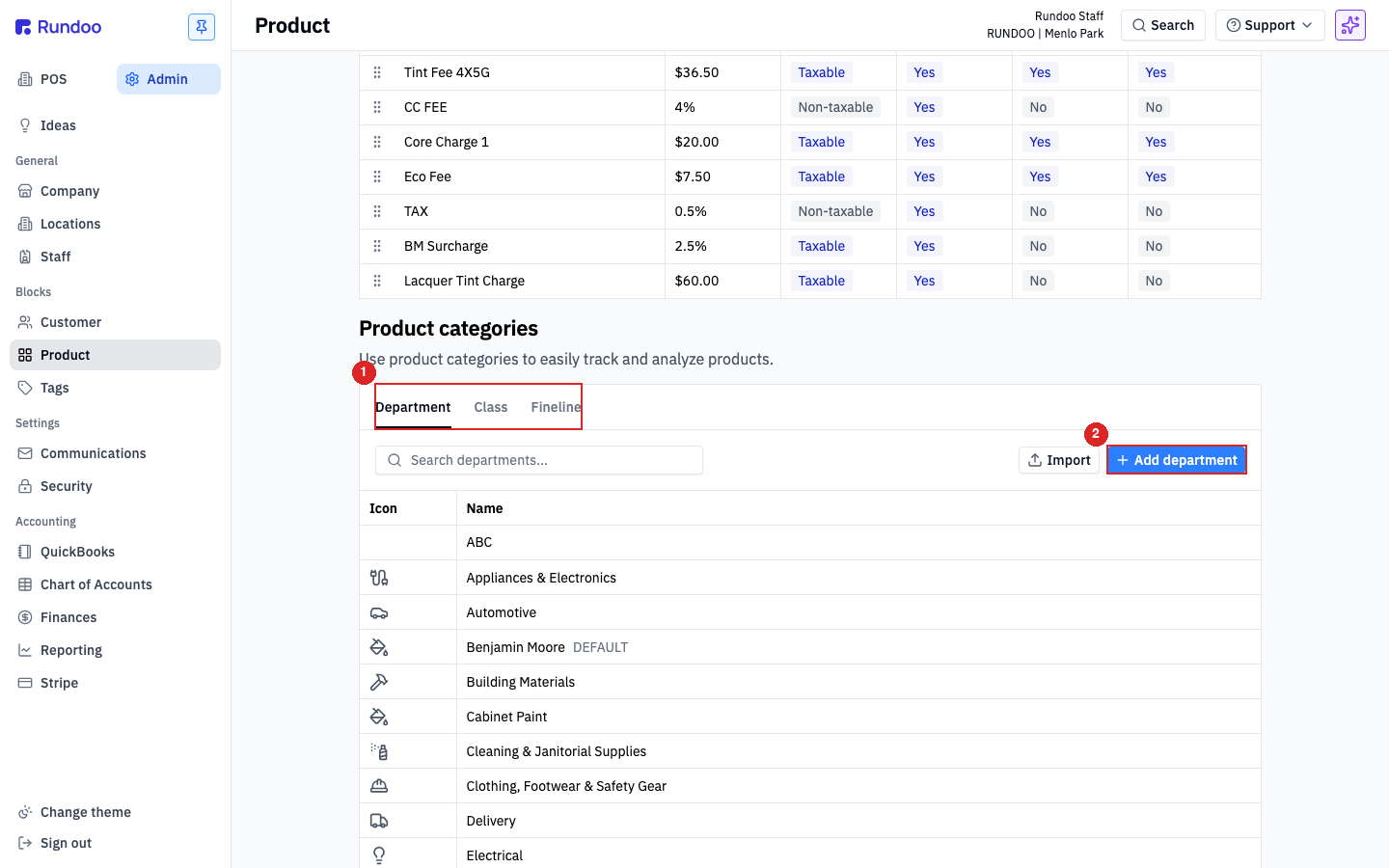 Product categories section on the Department tab with the Add department button top-right