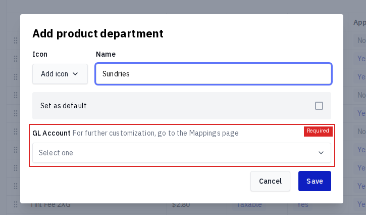 Add product department modal with Icon, Name, Set as default, and a required GL Account picker