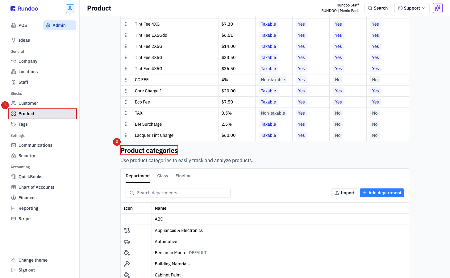 Rundoo Admin Product page with the Product categories section and a list of departments