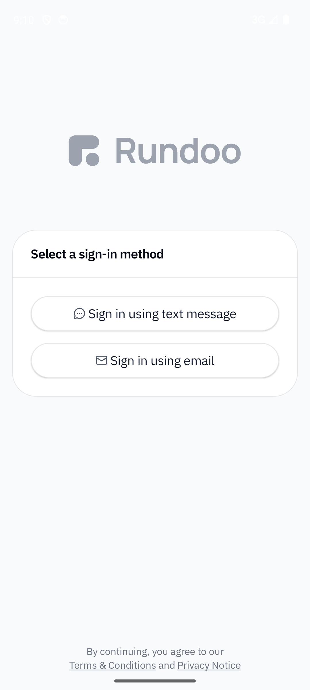 The staff app sign-in screen, offering to send a code by text message or email