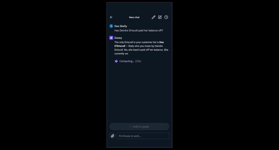 Dooey in the Rundoo mobile app answering whether a customer has paid their balance