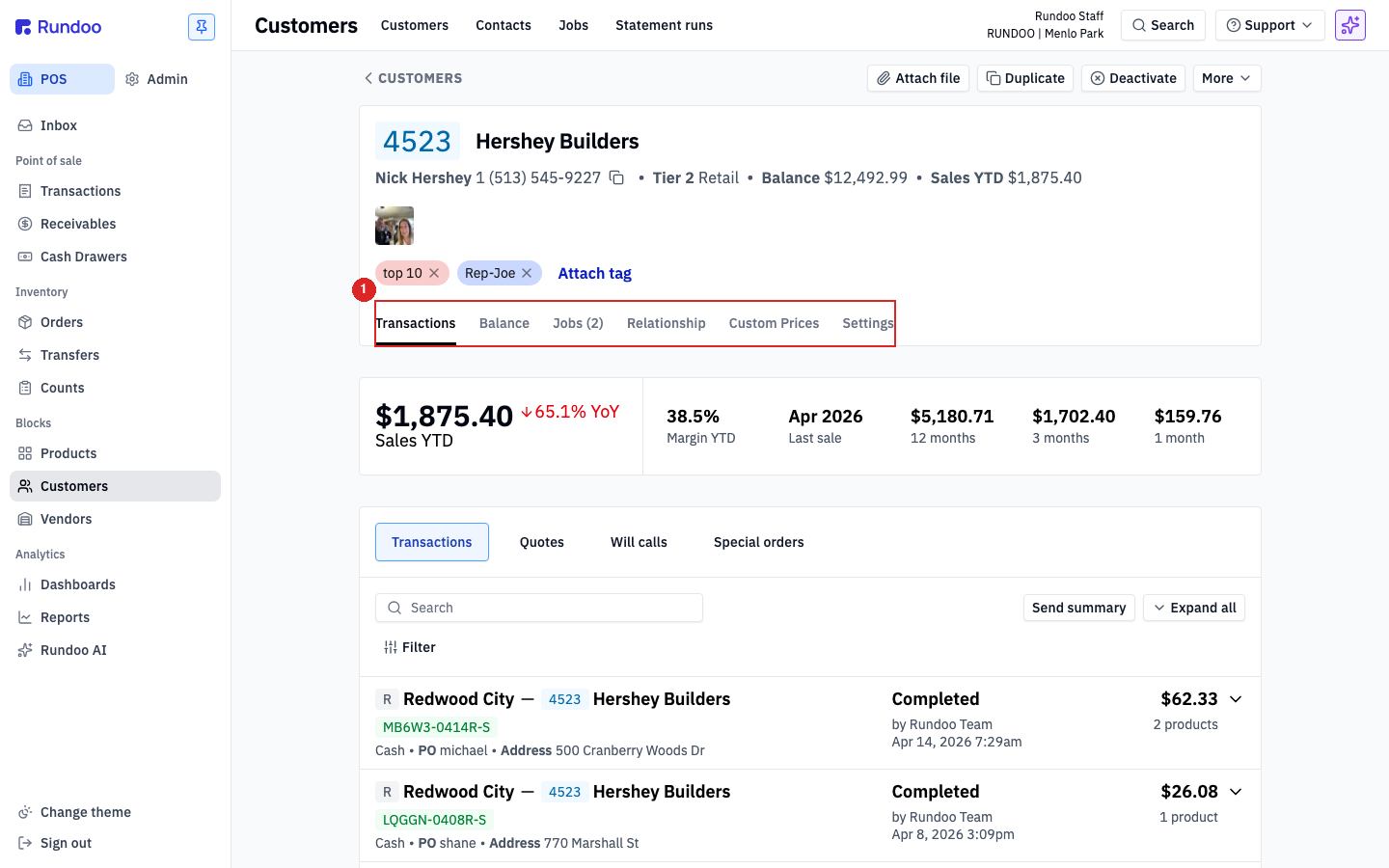 Customer detail page with sales summary and tabs for Transactions, Balance, Jobs, Relationship, and more