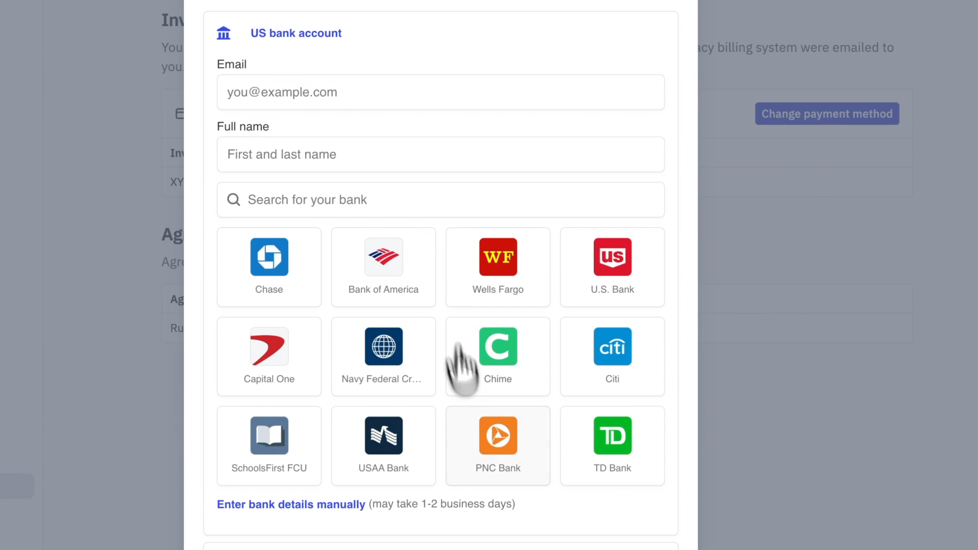 Add payment method dialog offering a US bank account or card, with a list of banks to choose from