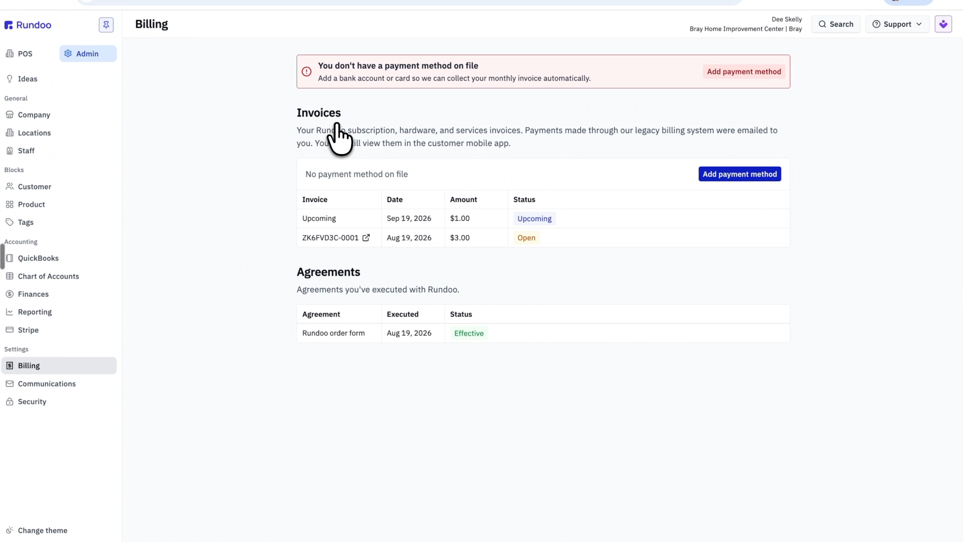 Rundoo Billing page with the payment method banner, an Invoices table, and an Agreements table