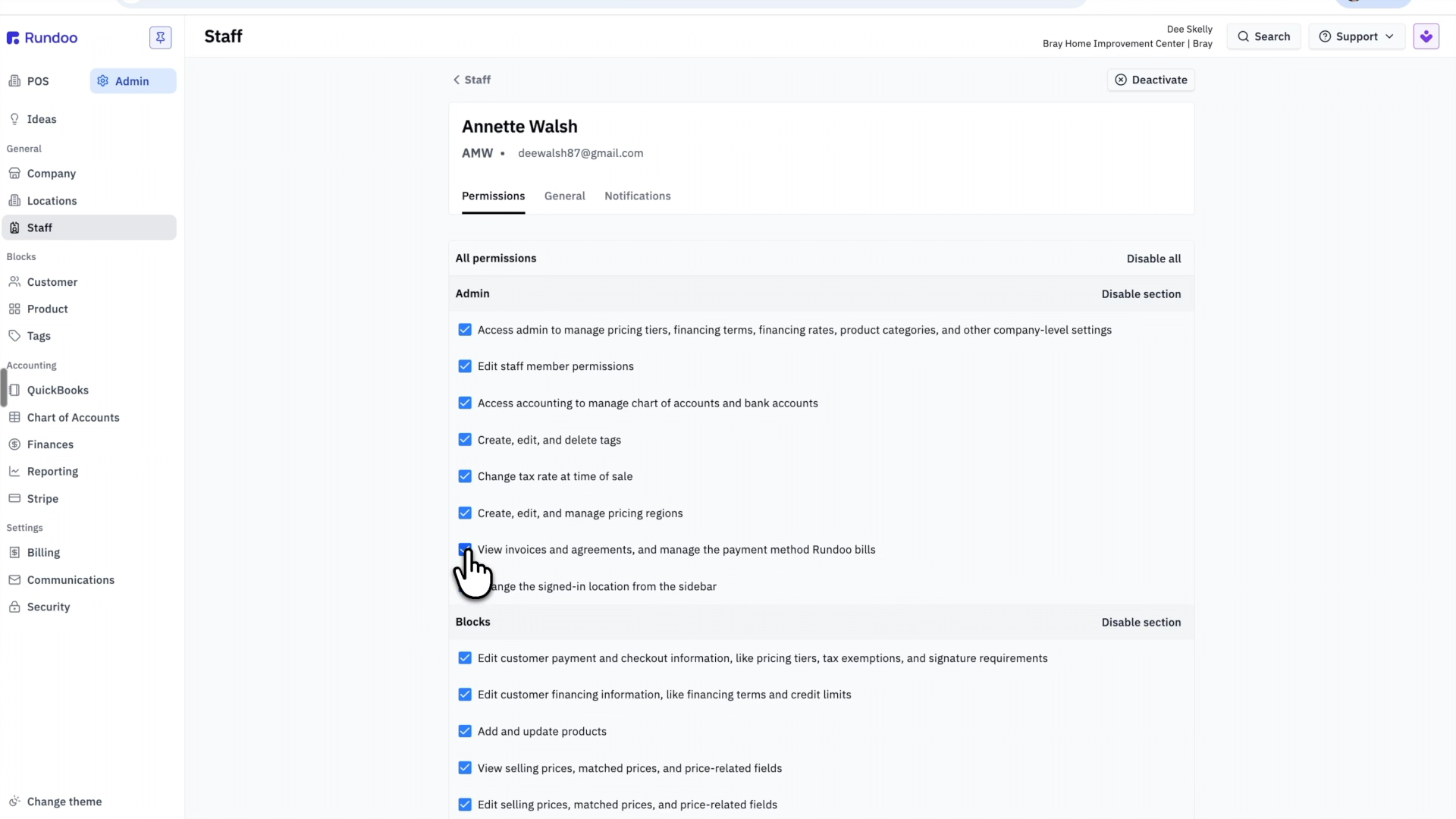 A staff member's Permissions tab showing the Admin permissions list