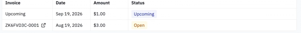 Invoices table with an upcoming payment row that has no icon, and a past payment row with a link icon next to the invoice number