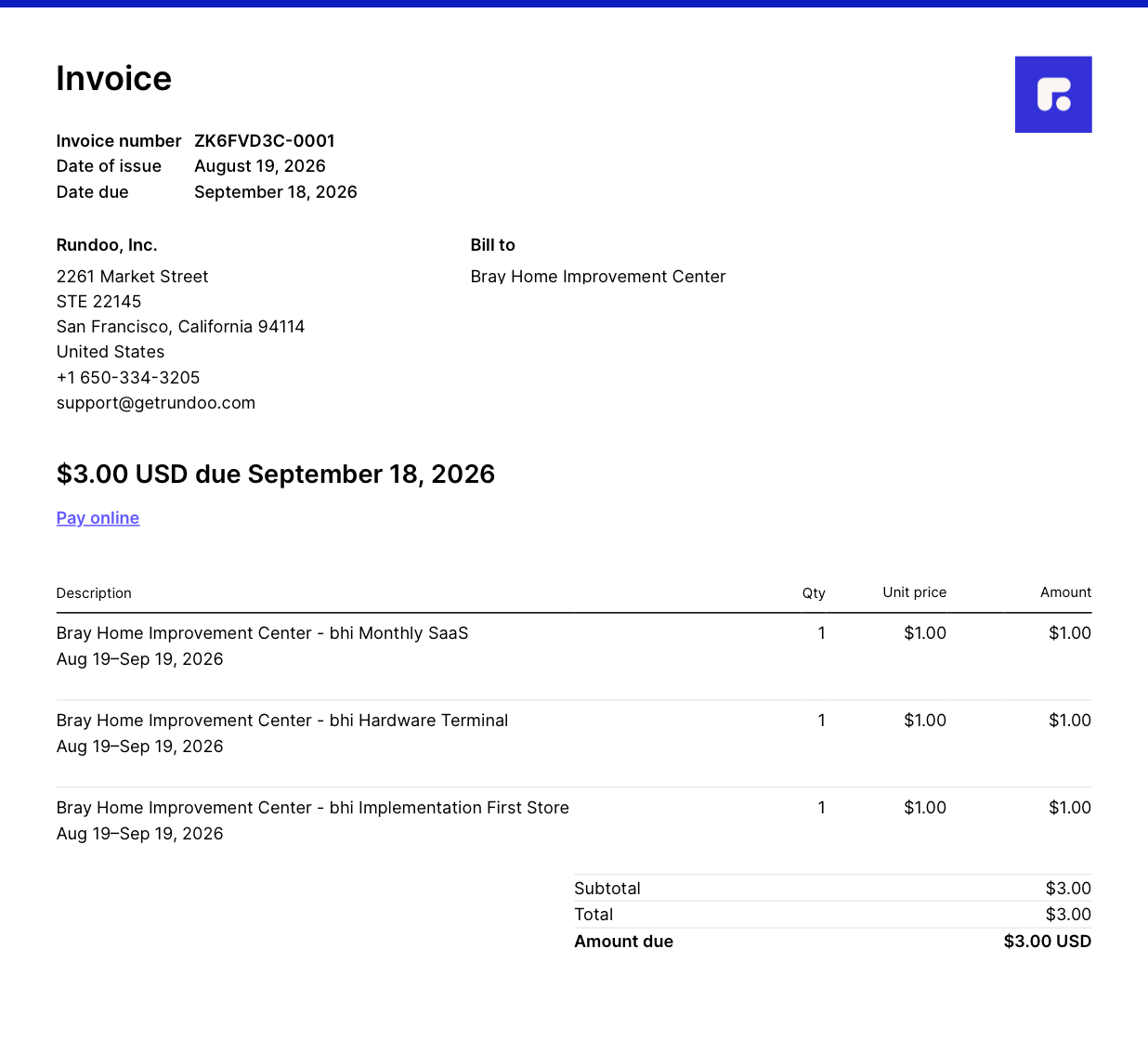 An itemized Rundoo invoice listing each line item with quantity, unit price, and the total amount due