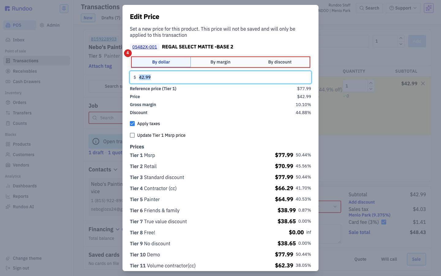 The Edit Price box with By dollar, By margin, and By discount tabs, and every price tier listed below for reference
