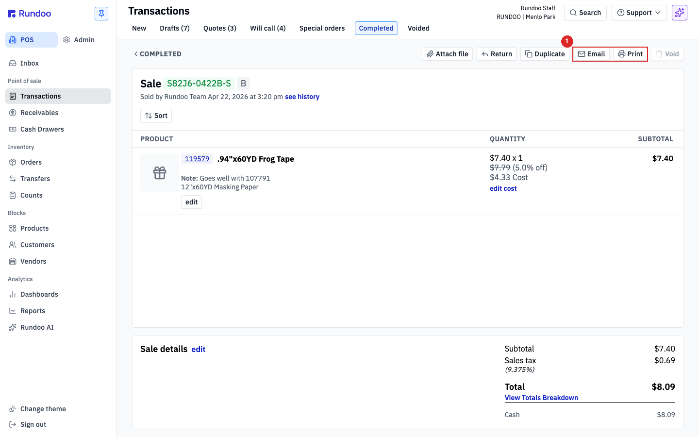 A completed sale on the Completed tab with the Email and Print receipt buttons at the top right
