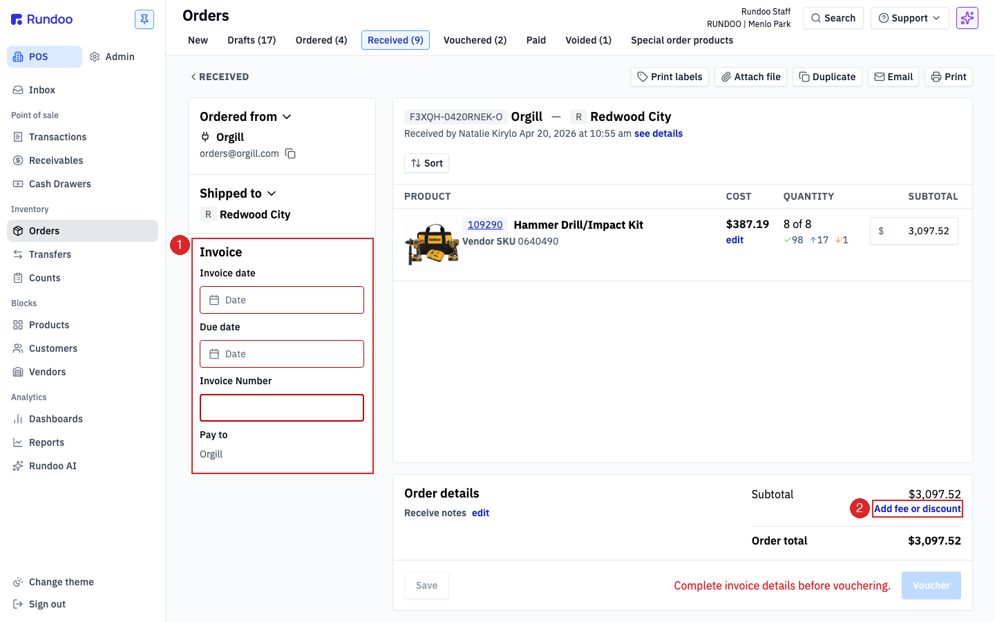 A received PO showing the Invoice panel with Invoice date, Due date, Invoice Number, and Pay to, and a greyed-out Voucher button