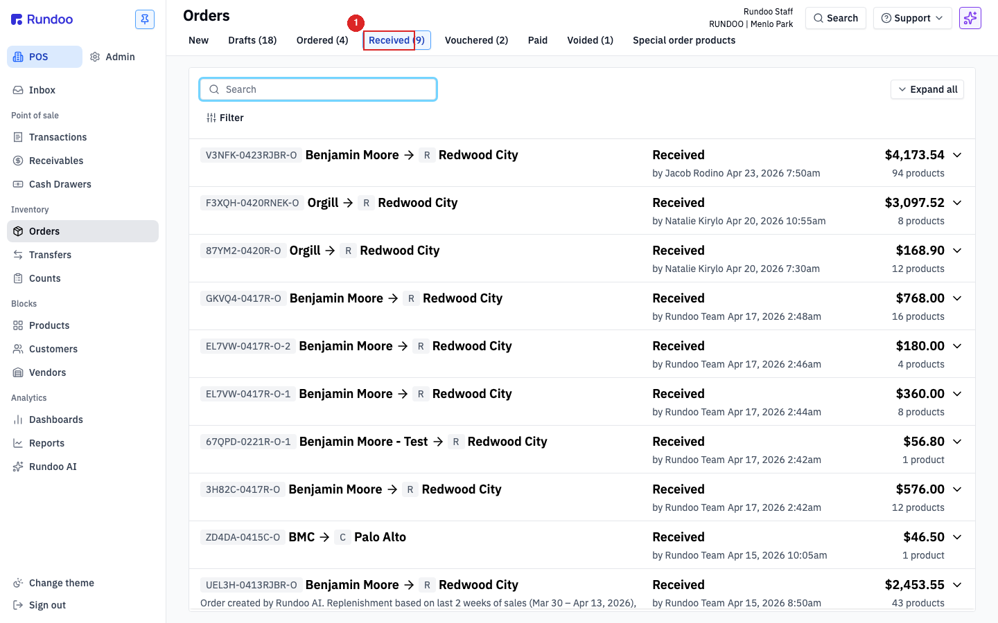 The Orders screen with the top tab strip: New, Drafts, Ordered, Received, Vouchered, Paid, and Voided