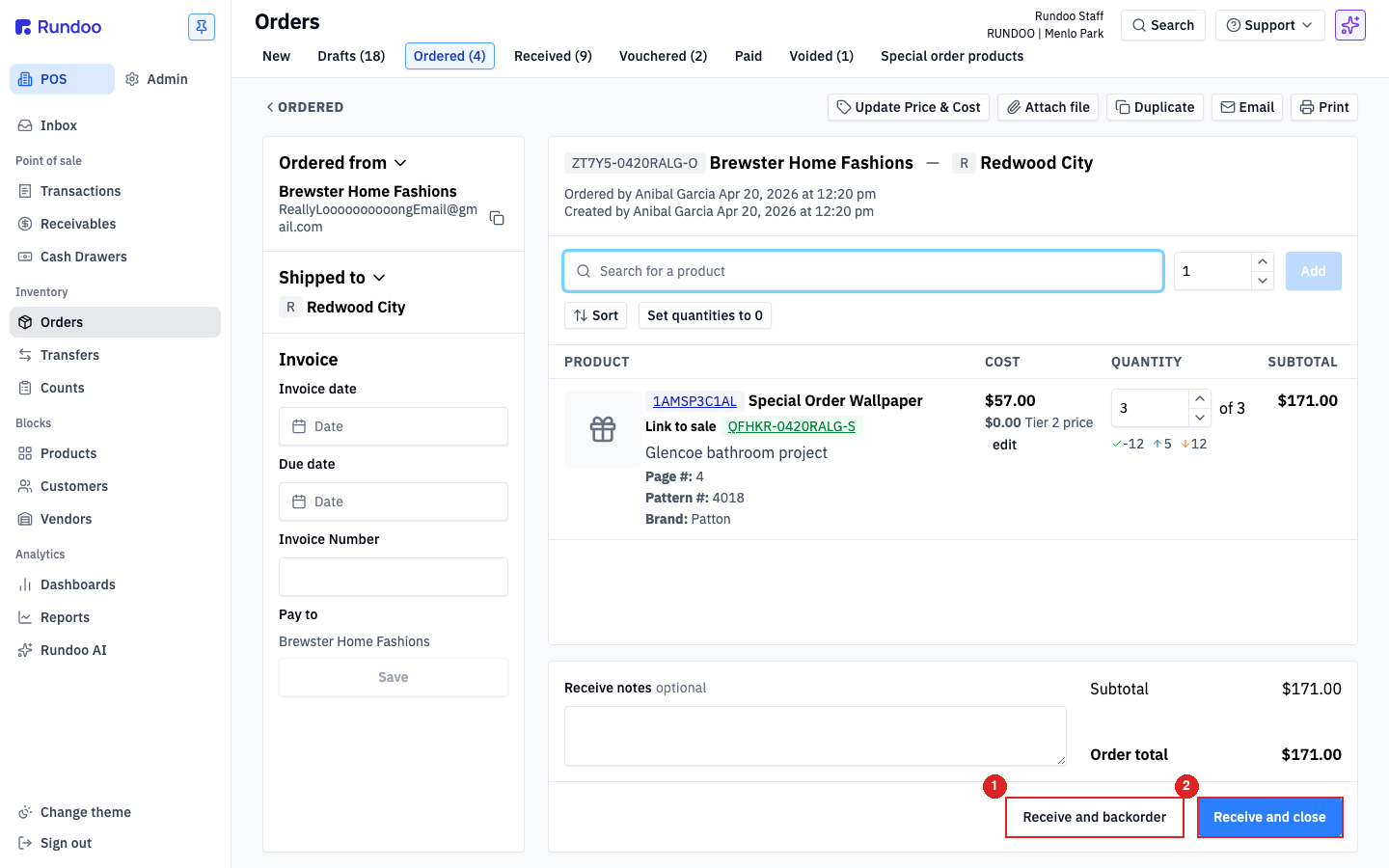 The two commit buttons at the bottom right of a receive: Receive and backorder, and Receive and close