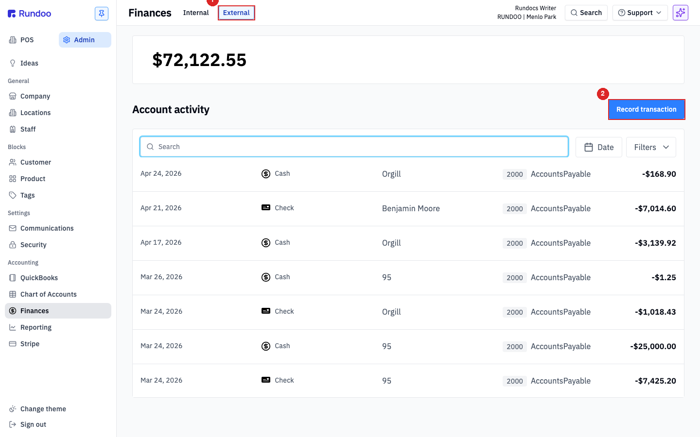 Finances External tab showing the checkbook-style register of transactions with a running balance