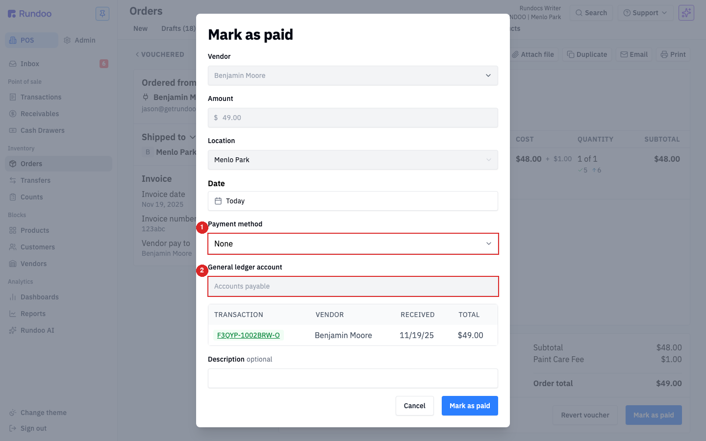 Mark as paid modal with the Payment method and General ledger account fields highlighted