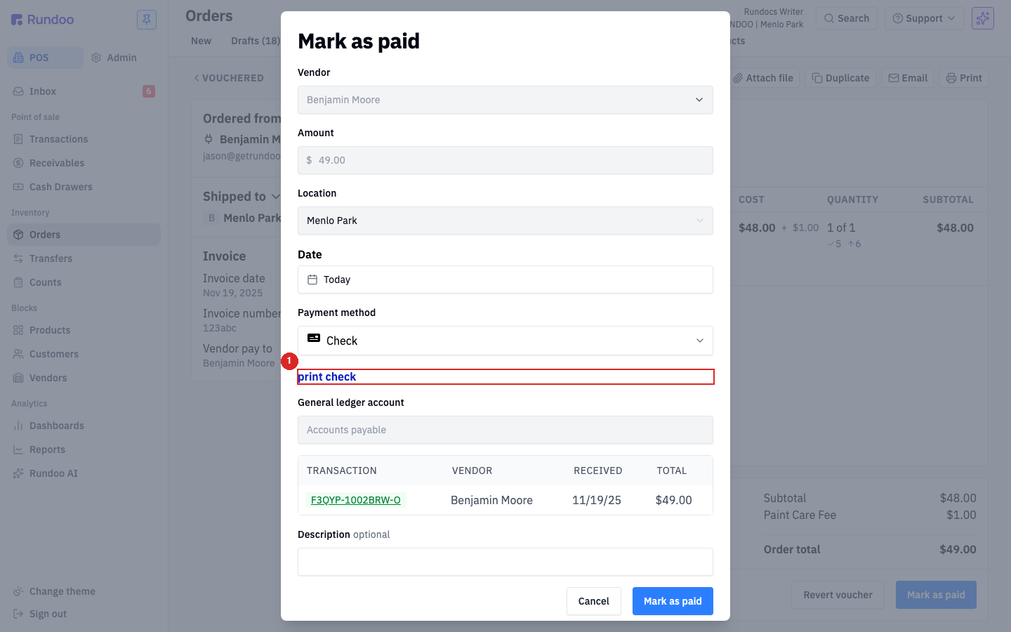 Mark as paid modal with Check selected and the print check link highlighted below the dropdown