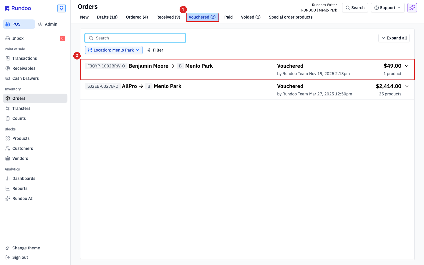 Orders page with the Vouchered tab open, listing unpaid vendor bills with statuses and invoice totals