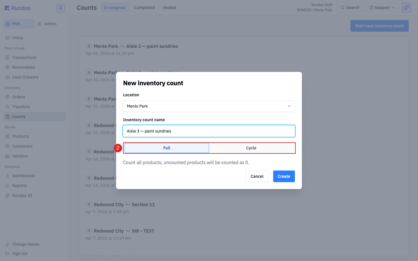 New inventory count window with fields for location, count name, and a scope choice, with Full selected
