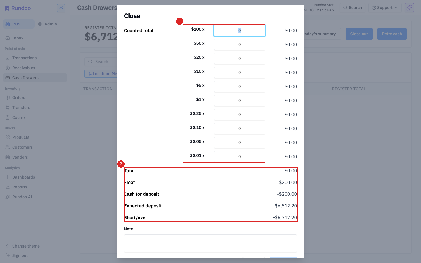 The Close window: a per-denomination count from $100 down to $0.01 on top, and below it Total, Float, Cash for deposit, Expected deposit, and Short/over