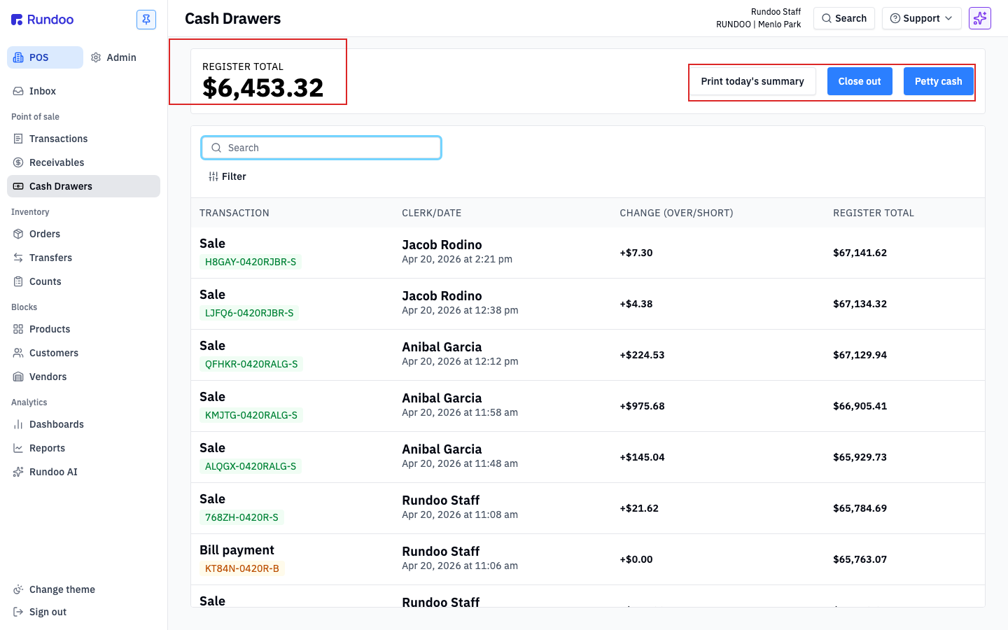 The Cash Drawers screen in Rundoo POS, with REGISTER TOTAL highlighted top-left and the Print today's summary, Close out, and Petty cash buttons top-right