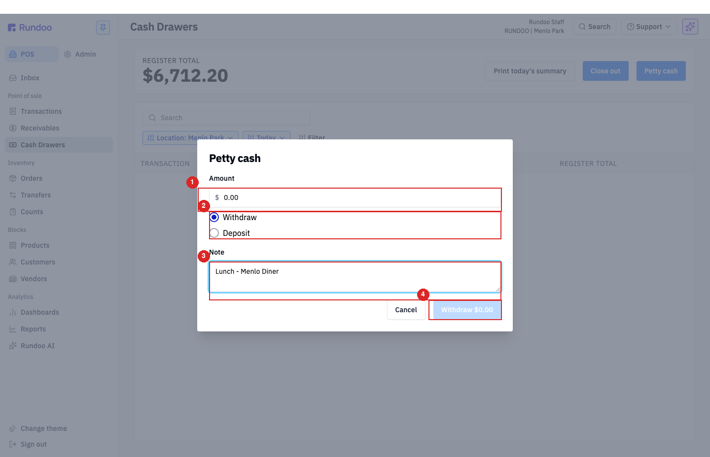 The Petty cash window with fields for Amount, a Withdraw or Deposit toggle, a Note reading Lunch - Menlo Diner, and the commit button