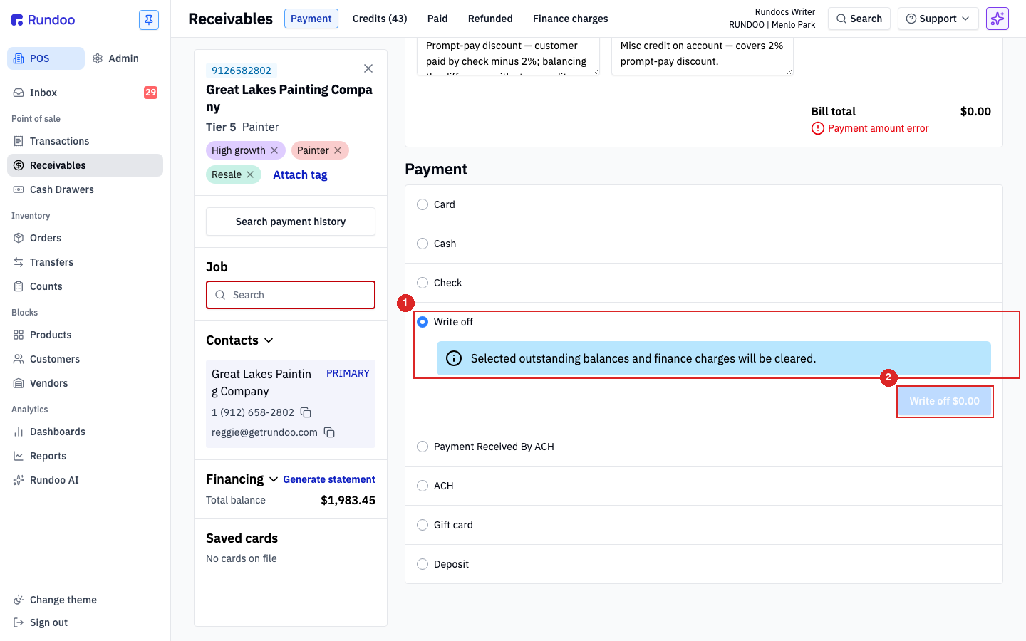 The Receivables Payment tab with Write off selected as the tender and the Write off $0.00 button greyed out because Payment amount is empty