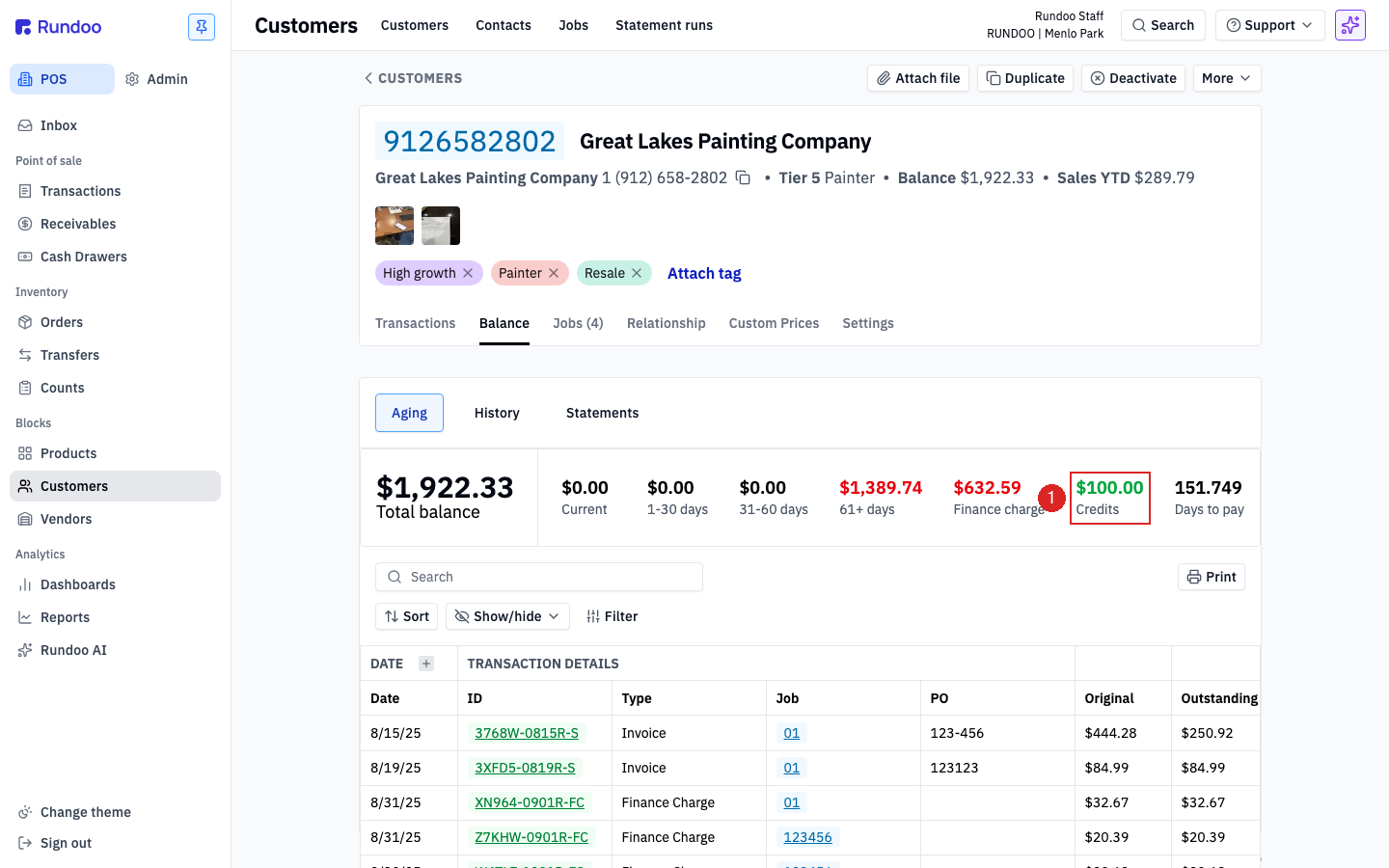 A customer's Balance tab showing the aging row with the Credits bucket highlighted on the far right