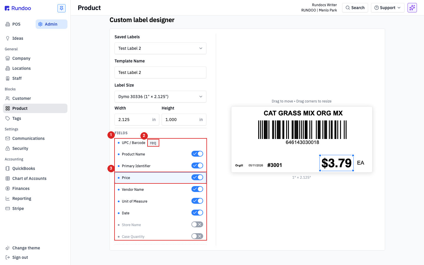 The Custom Label Designer in Admin, with template settings on the left (Template Name, Label Size, the FIELDS toggle list) and a live label preview on the right