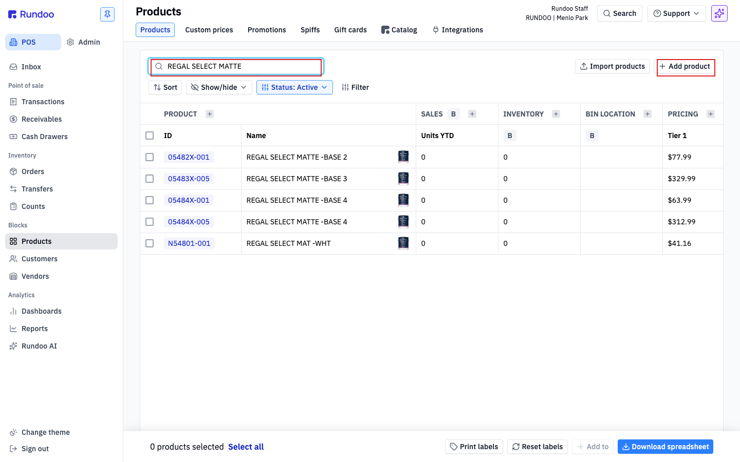 Rundoo Products list with the search box that matches on name, ID, or barcode