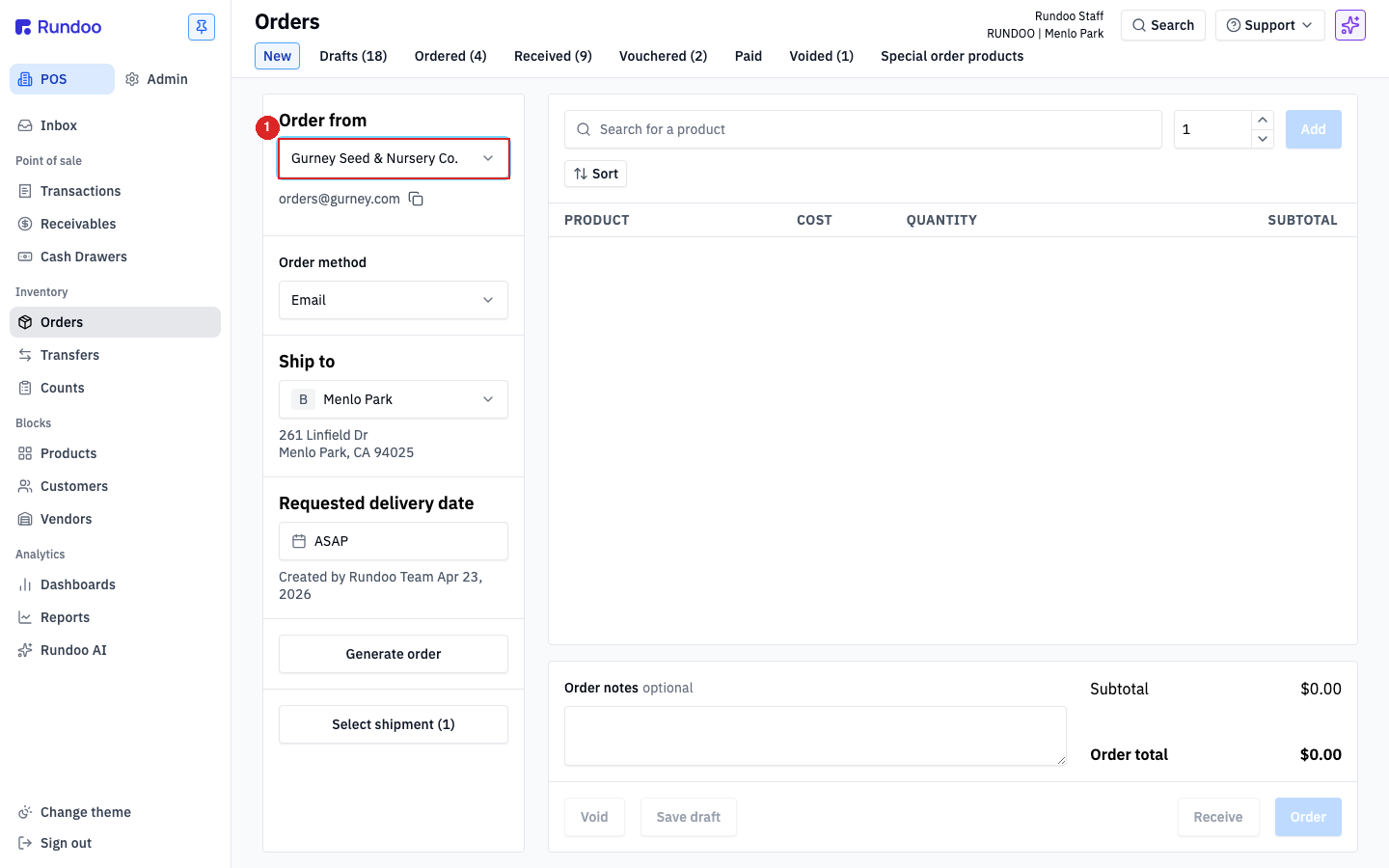 The New order builder with a vendor selected under Order from, showing the Order method, Ship to, Requested delivery date, and Generate order button in the left side panel