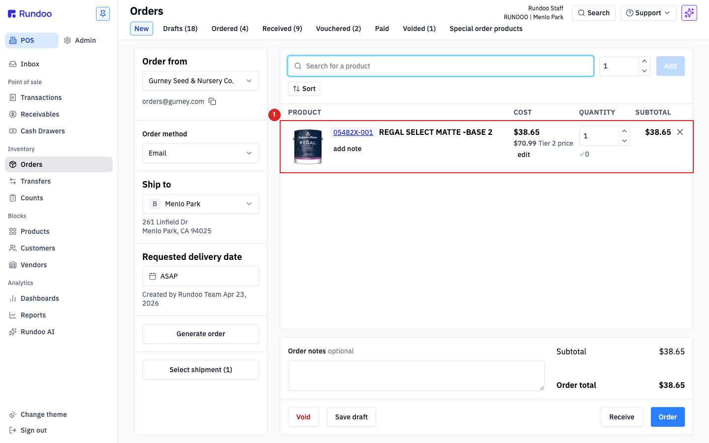 A product line added to the order showing the PRODUCT, COST with an edit link, QUANTITY, and SUBTOTAL columns, plus an add note link
