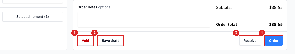 The action buttons at the bottom of the order builder: Void, Save draft, Receive, and Order