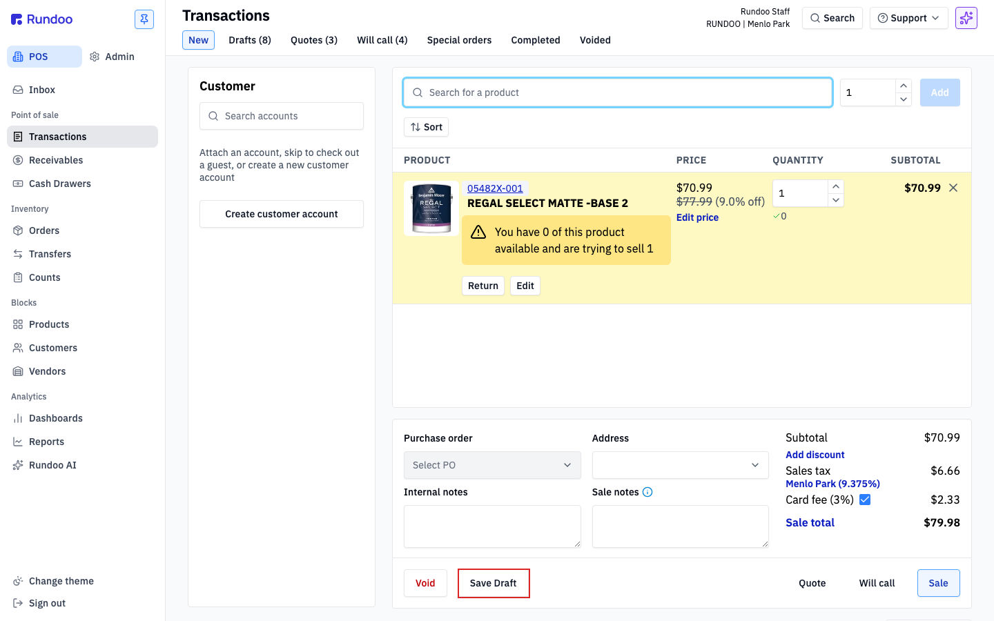 The New transaction screen with a product in the cart and the Save Draft button highlighted in the action cluster