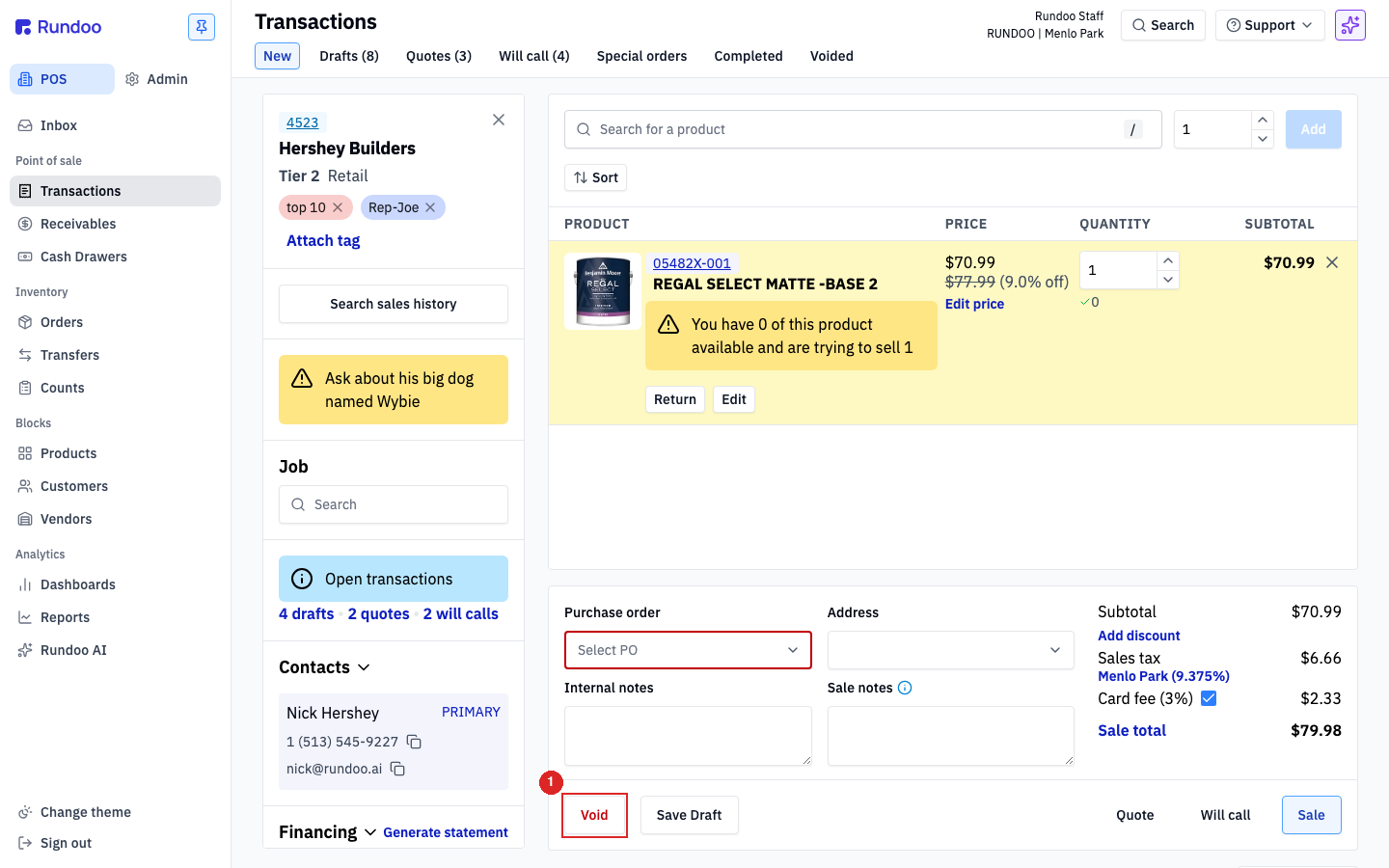 A reopened held sale with the Void button highlighted on the left of the action cluster