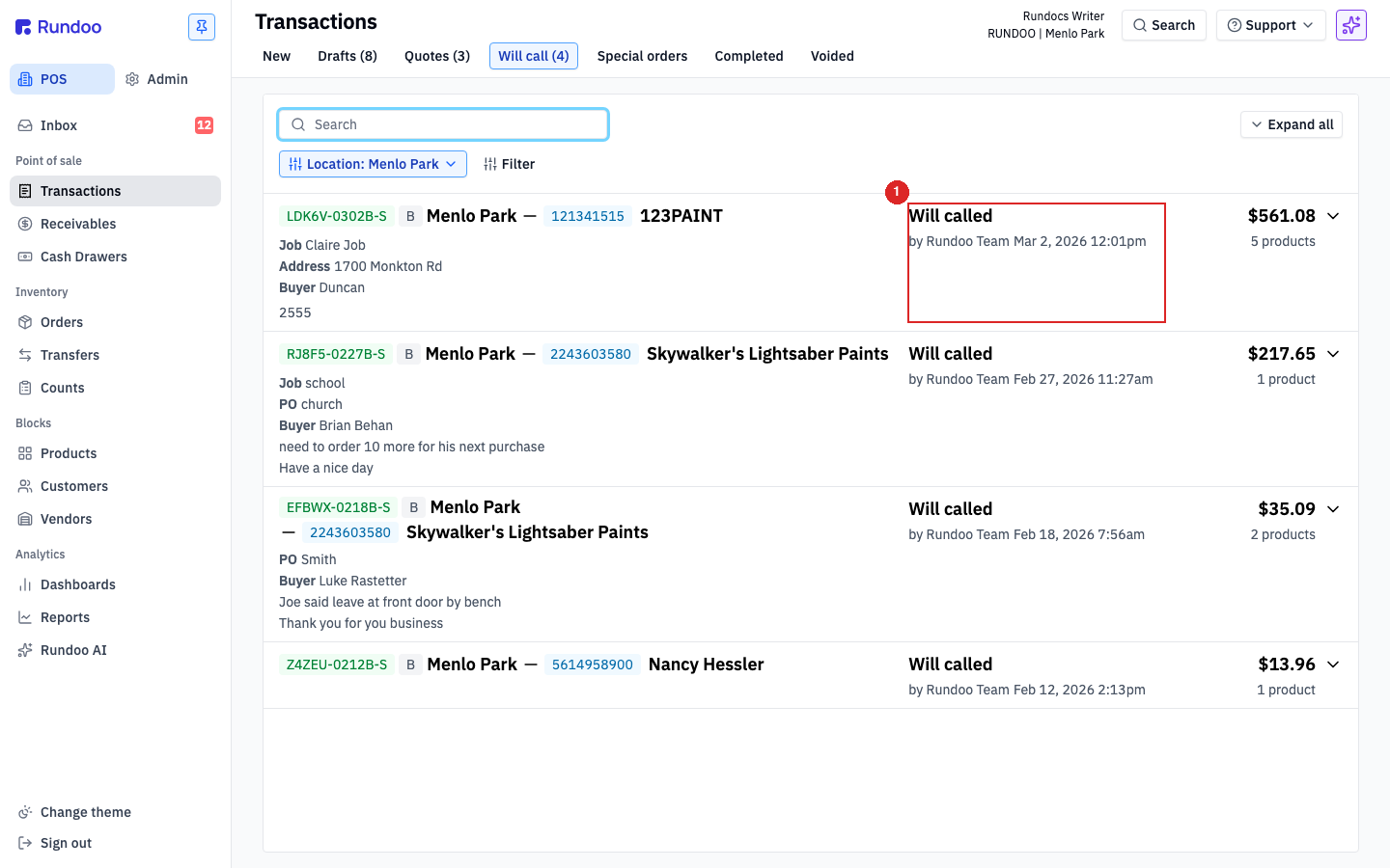 The Will call tab list view showing held sales, each stamped with the staff member and date it was saved
