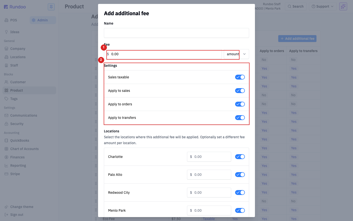 The Add additional fee window with fields for name, fee amount, type, and the apply toggles