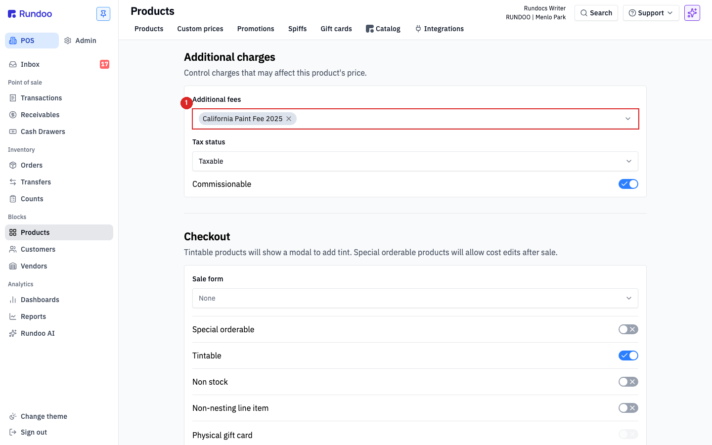 A product's Settings tab, Additional charges section, with a fee selected and its tax and commissionable toggles