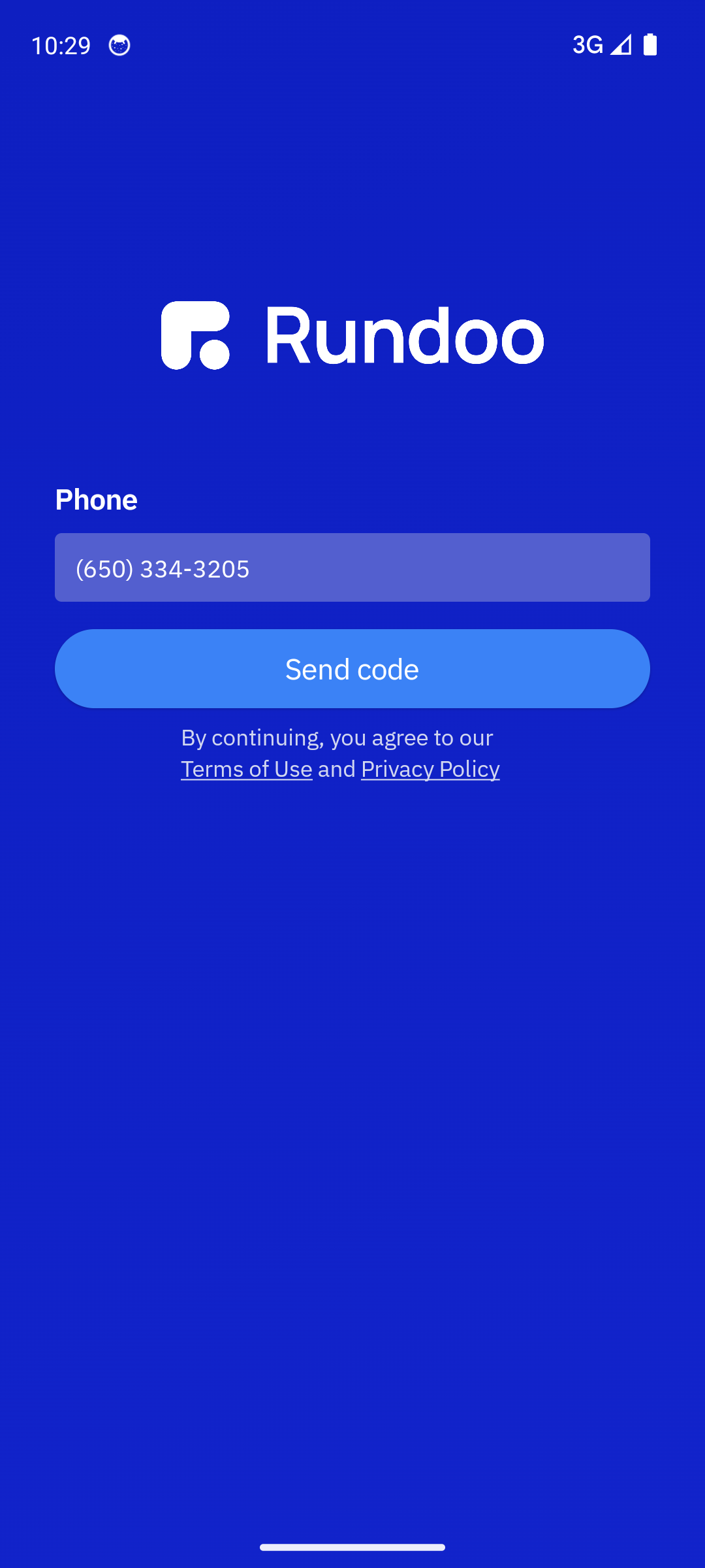 The customer app sign-in screen with a cell phone number field and Send code button