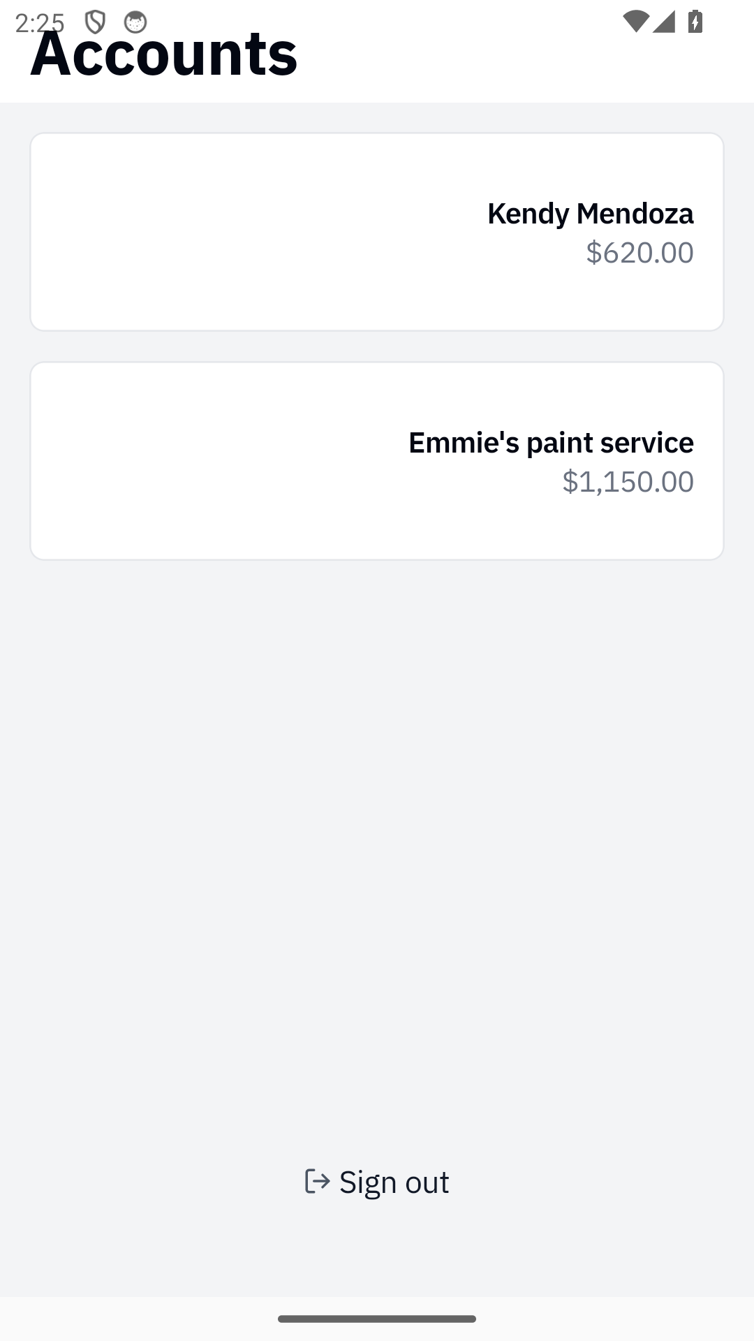 Accounts picker showing a list of customer accounts each with a current balance