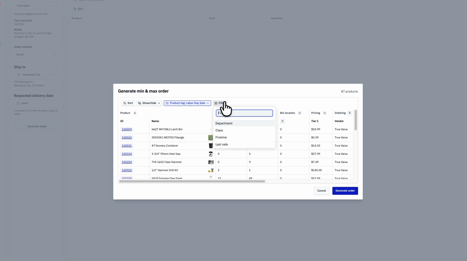 The generate order review screen with a Product tag Labor Day Sale filter applied and the Filter menu open showing Department, Class, Fineline, and Last sale
