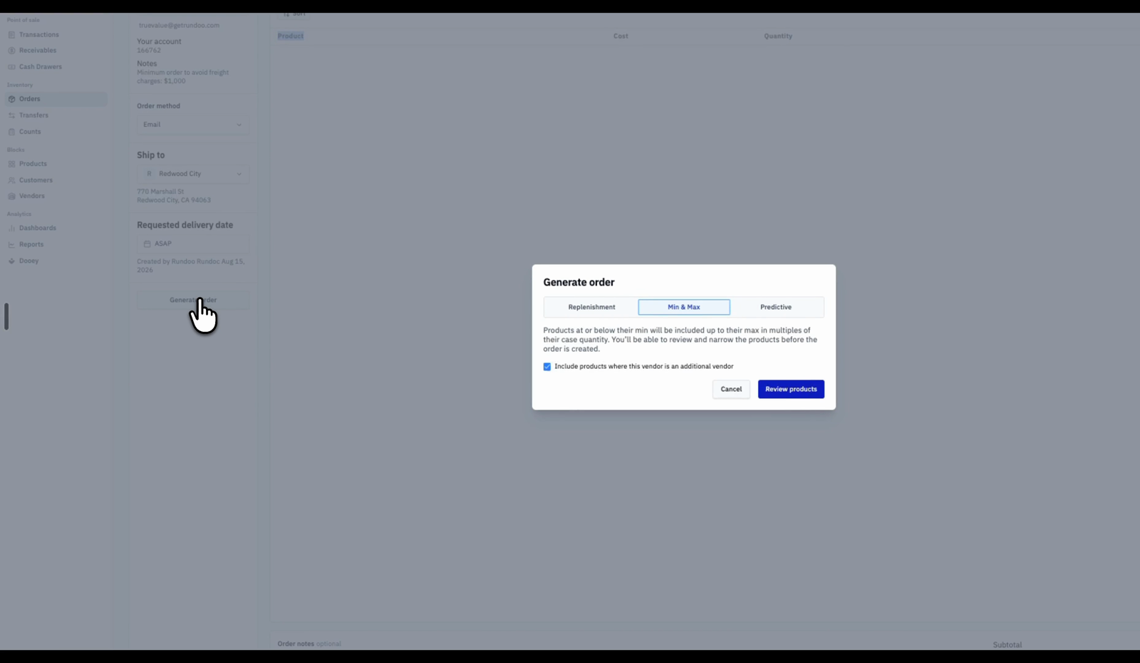 The Generate order window with Replenishment, Min and Max, and Predictive method options, the Include products where this vendor is an additional vendor checkbox, and the Review products button