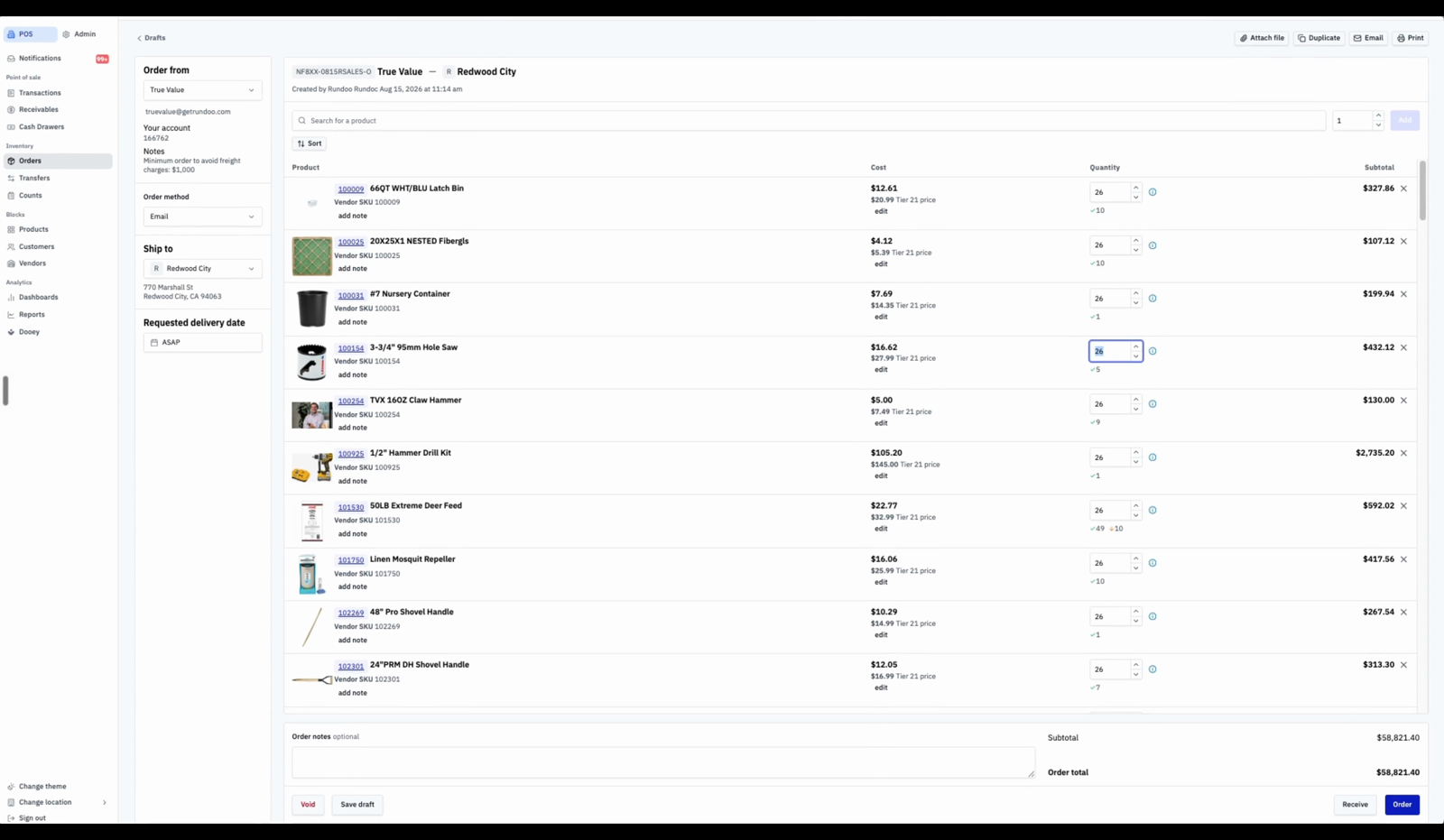 The created purchase order in the builder with per-line quantity steppers, a remove link on each row, and Save draft and Order buttons at the bottom