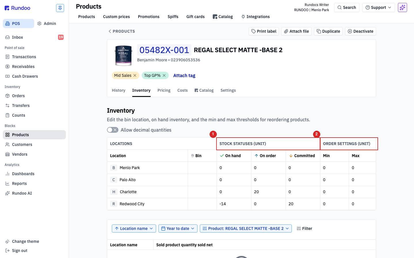 A product's Inventory tab showing Bin, On hand, On order, Committed, Min, and Max for each location