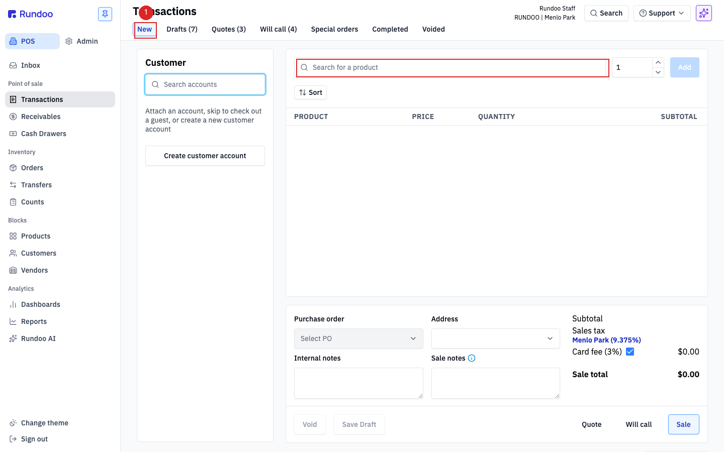 The New sale screen in Rundoo POS with the Search for a product bar across the top and an empty cart below