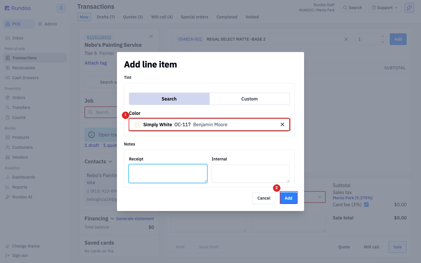 The Add line item modal for a tintable paint, with the Tint toggle on Search and a color name typed in
