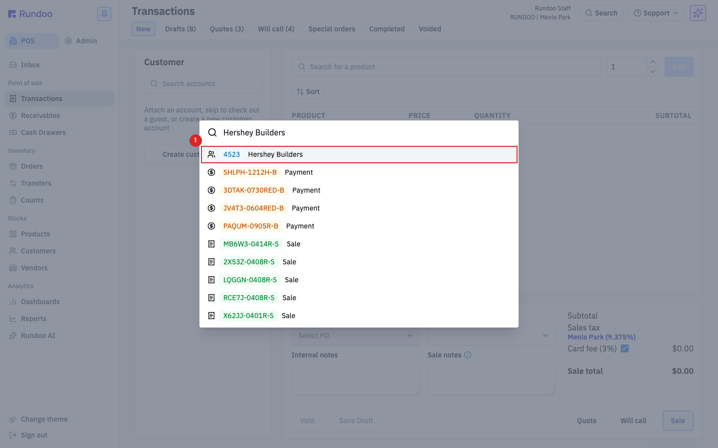 Omni Search open with results grouped into customers, transactions, and products, each marked with an icon