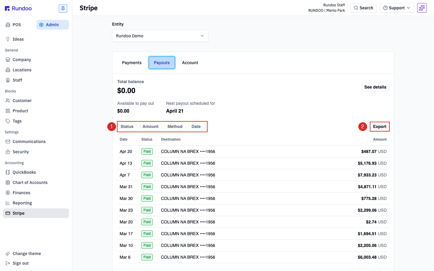 Rundoo Admin Stripe Payouts tab with a list of payout transactions and an Export button in the top right